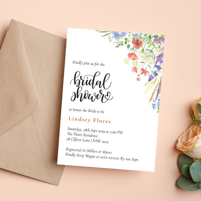 Convite Flores Silvestres Elegantes de Verão Chá de Noiva (Elegant summer meadow wildflowers invitation creates a bright, romantic bridal shower tone)
