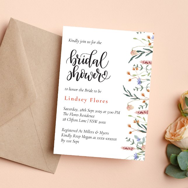 Convite Flores Silvestres Elegantes de Verão para Chá de N (Elegant summer meadow wildflowers invitation creates a bright, romantic bridal shower tone)
