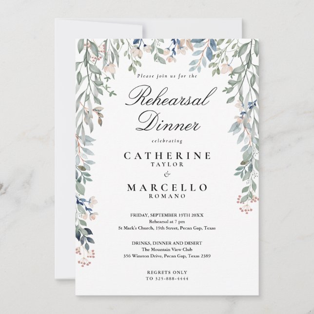 Convite Flores Silvestres Elegantes Jantar de Ensaio (Frente)