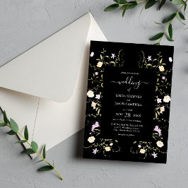 Convite Flores Silvestres Elegantes Preto e Branco Casamen