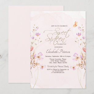 Convite Flores Silvestres Elegantes Rosa Aquarela Sweet 16