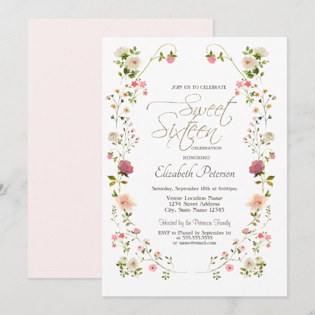 Convite Flores Silvestres Elegantes Sweet 16 (Frente/Verso)