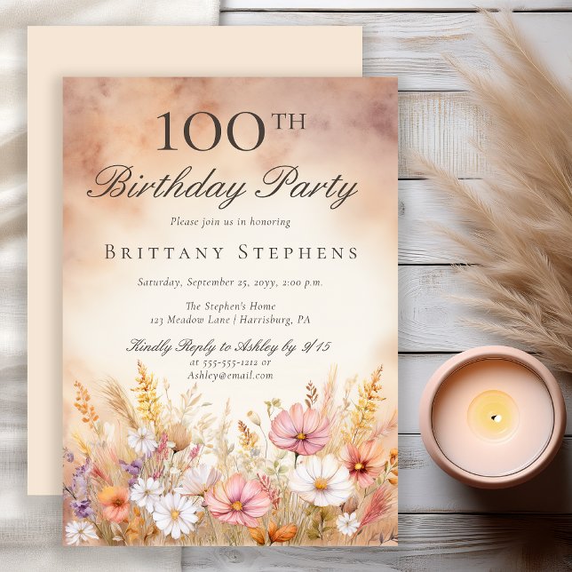 Convite Flores Silvestres em Aquarela Elegante  100º Anive (Elegant watercolor wildflower meadow 100th birthday invitation)