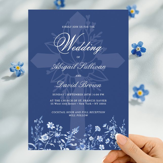 Convite Flores silvestres em Casamento Religioso Azul Fran (Criador carregado)