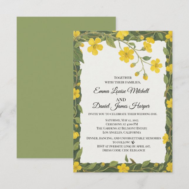 Convite Flores Silvestres Florais Amarelo Verde Elegantes (Frente/Verso)