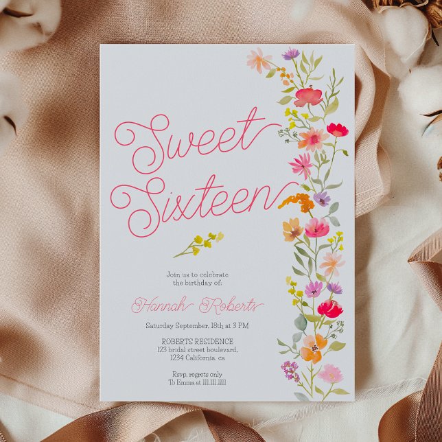 Convite Flores silvestres florais de primavera verão Sweet (Spring summer wildflowers floral Sweet 16 Invitation)