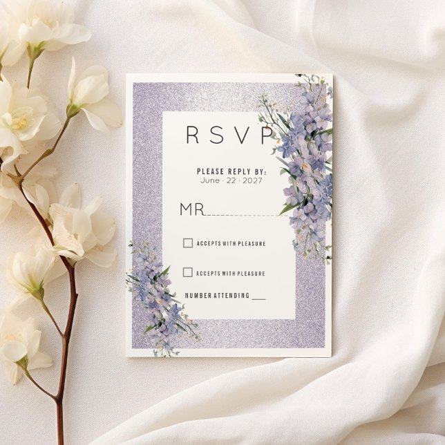 Convite Flores silvestres florais lavandas RSVP (Lavender glitter wildflowers floral Wedding RSVP)