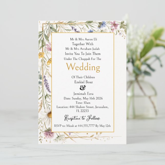 Convite Flores Silvestres Floral Botânico, Casamento Judai (Em pé/Frente)