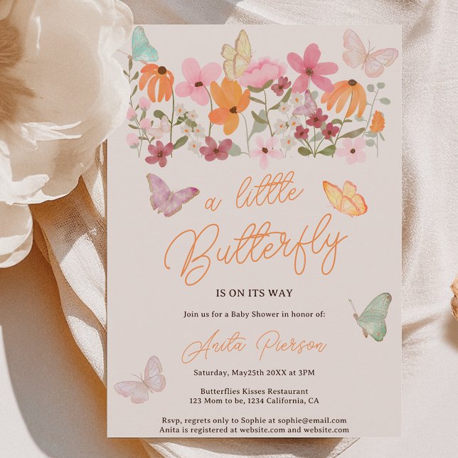 Convite Flores silvestres, flores silvestres, chá de frald (Cute boho wildflowers little butterfly baby shower invitation on pink)