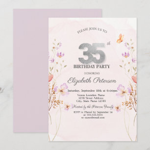 Convite Flores Silvestres Lilás Aquarela Aniversário de 35