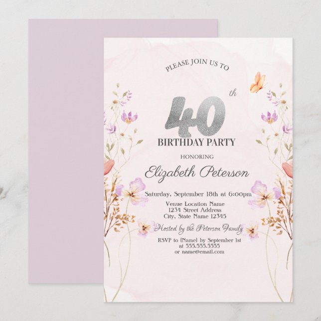 Convite Flores Silvestres Lilás Aquarela Aniversário de 40 (Frente/Verso)
