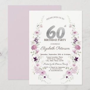 Convite Flores Silvestres Lilás Aquarela Aniversário de 60