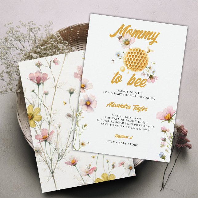 Convite Flores silvestres Mamães de favos Bebê Chá (mommy to bee baby girl shower invitation watercolor illustration honey comb whimsical wildflowers)