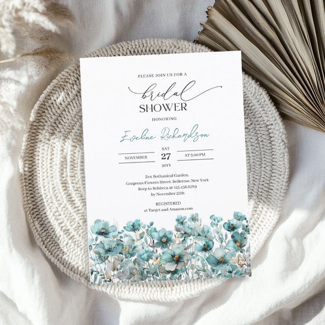 Convite Flores-silvestres poeirentas de primavera azul-poe (Trendy watercolor dusty blue spring wildflowers invitation)