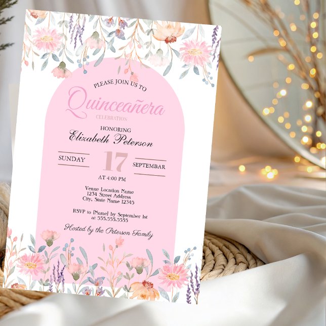 Convite Flores Silvestres Rosa Chic Sua Foto Quinceañera (Criador carregado)