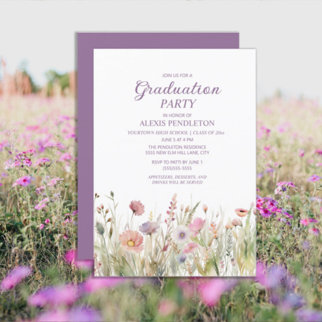 Convite Flores Silvestres Rosa Roxo Formatura Ensino Médio (Wildflowers purple graduation party invitations)