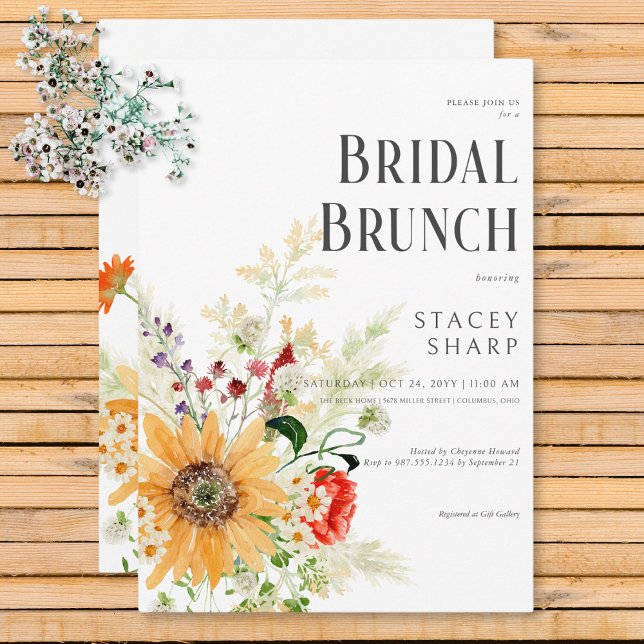 Convite Flores Silvestres Rústicas & Brunch de Noiva com G (Rustic Wildflowers & Sunflowers Bridal Brunch Invitation)