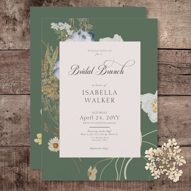 Convite Flores Silvestres Rústicas em Brunch de Noiva Verd (Rustic Wildflowers on Sage Green Bridal Brunch Invitation)