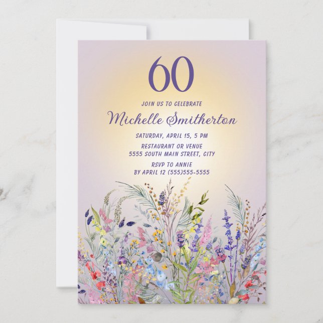 Convite Flores Silvestres Sol Roxo Aniversário de 60 anos  (Frente)