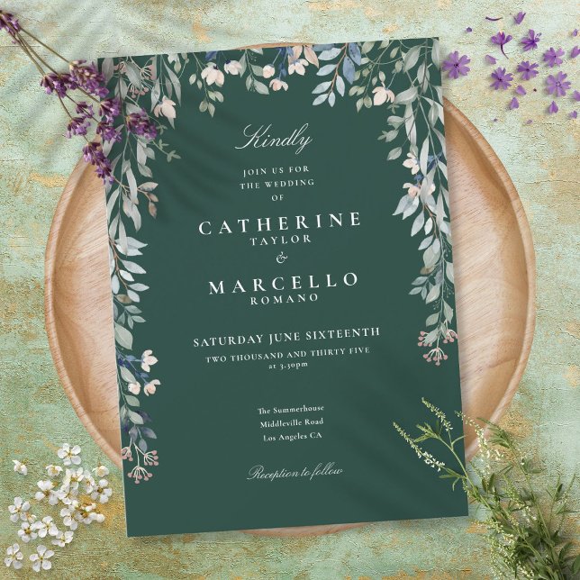 Convite Flores Silvestres Verde Esmeralda Floral Folhagem  (Emerald Green Wildflowers Floral Greenery Wedding Invitation)