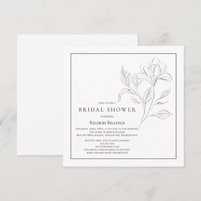 Convite Flores Simples em Preto e Branco para Chá de Noiva (Frente/Verso)