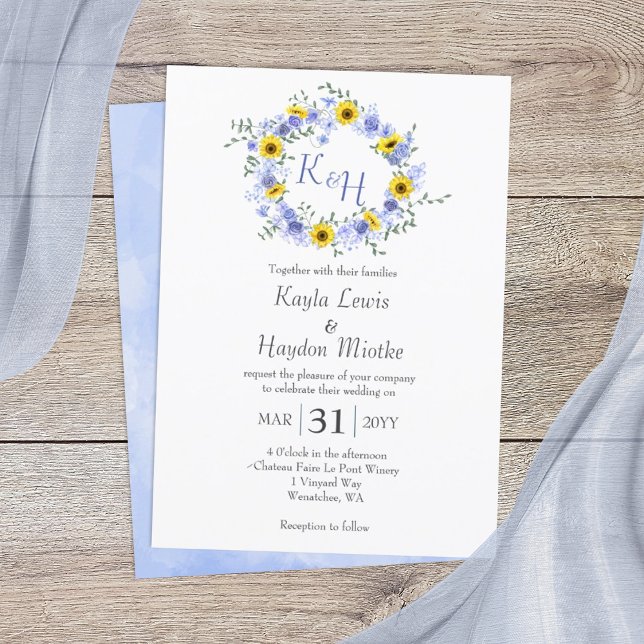 Convite Flores solares e Rosas azuis e poeirentos (dusty blue roses and yellow sunflowers wedding invitations, round floral wreath)