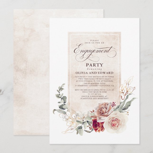 Convite Flores Terrenas Boho Elegante Festa de noivado (Frente/Verso)