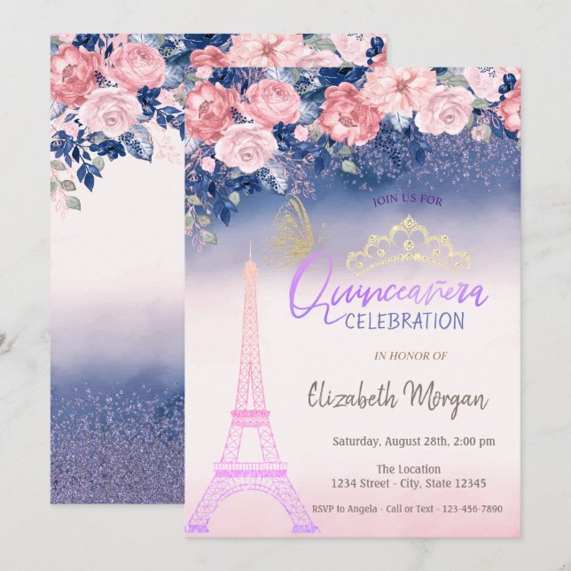Convite Flores,Torre Eiffel Borboleta Ombre Quinceanera  (Frente/Verso)