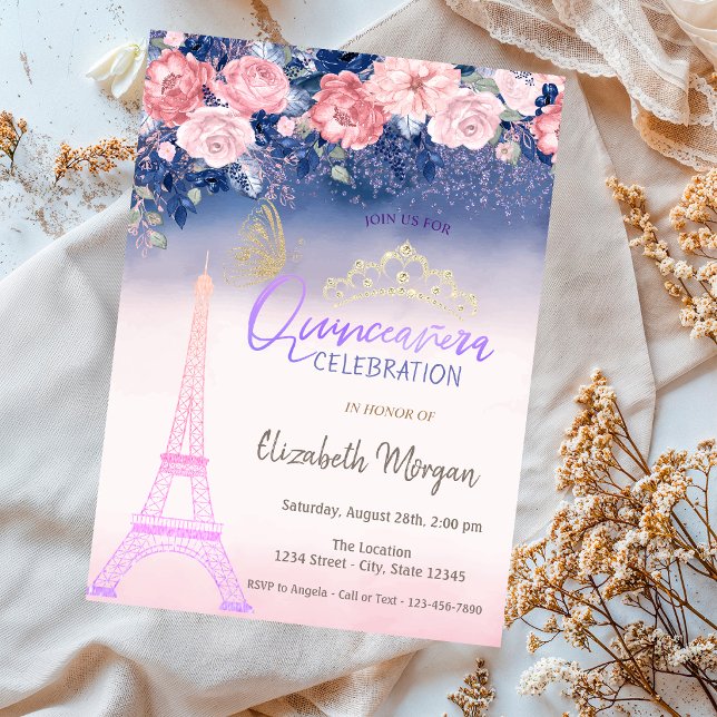 Convite Flores,Torre Eiffel Borboleta Ombre Quinceanera  (Criador carregado)