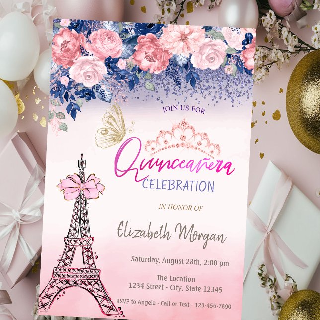 Convite Flores,Torre Eiffel Laço Borboleta Quinceanera  (Criador carregado)