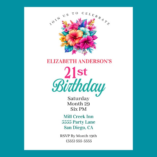 Convite Flores Tropicais Aniversário de 21 anos (Tropical Flowers 21st Birthday Invitation For Women.  )