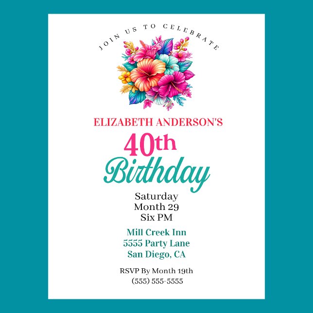Convite Flores Tropicais Aniversário de 40 anos (Tropical Flowers 40th Birthday Invitation For Women.  )