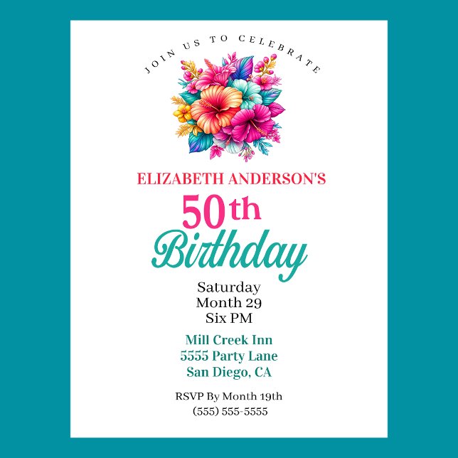 Convite Flores Tropicais Aniversário de 50 anos (Tropical Flowers 50th Birthday Invitation For Women.  )