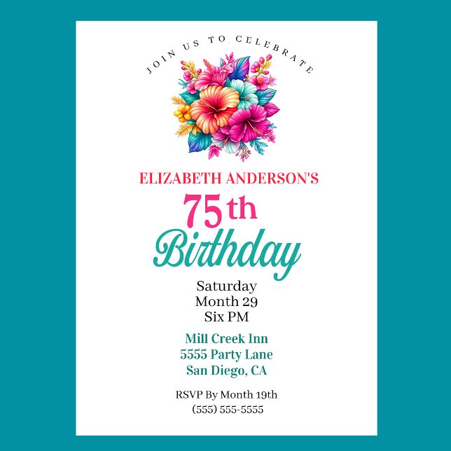 Convite Flores Tropicais Aniversário de 75 anos (Tropical Flowers 75th Birthday Invitation For Women.)
