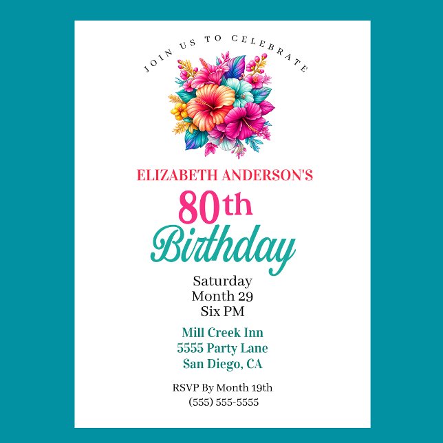 Convite Flores Tropicais Aniversário de 80 anos (Tropical Flowers 80th Birthday Invitation For Women.)