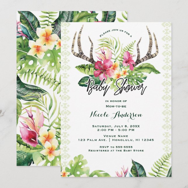 Convite Flores Tropicais Boho Rústico Chifre Baby Shower (Frente/Verso)