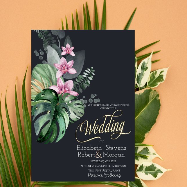 Convite Flores Tropicais Casamento Escuro (Criador carregado)