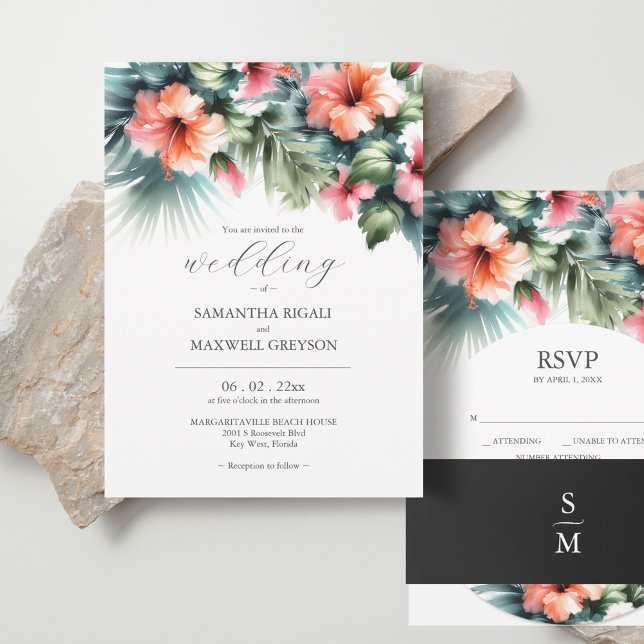 Convite Flores Tropicais de Aquarela e Casamento Verde (Stacked wedding invitations watercolor pink and orange hibiscus flowers and palm leaves.)