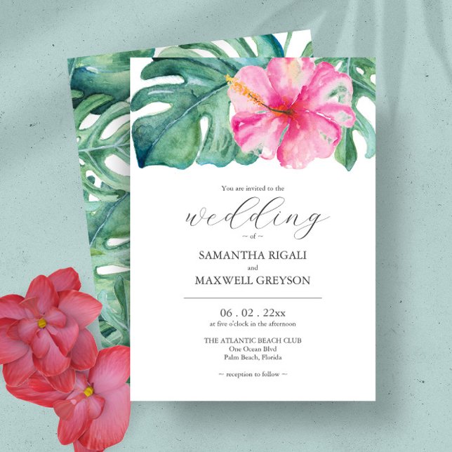 Convite Flores Tropicais de Aquarela e Casamento Verde (Tropical hibiscus flower wedding invitations feature unique watercolor art by Victoria Grigaliunas)