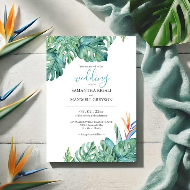 Convite Flores Tropicais de Aquarela e Casamento Verde (Tropical destination wedding invitations watercolor floral and palm leaf art by Victoria Grigaliunas)