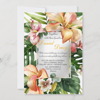 Convite Flores Tropicais de Aquarela e Casamento Verde I