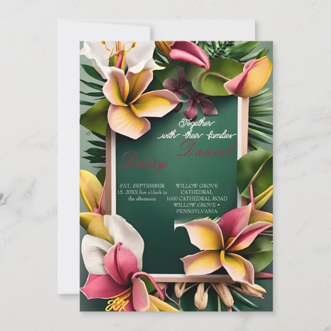 Convite Flores Tropicais de Aquarela e Casamento Verde I (Frente)