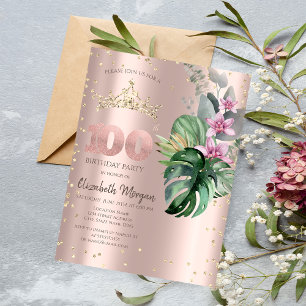 Convite Flores Tropicais Diamantes Ouro Rosa 100º Aniversá