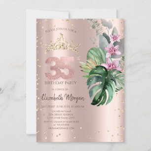 Convite Flores Tropicais Diamantes Ouro Rosa 35º Aniversár