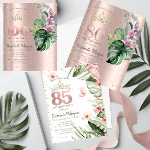 Convite Flores Tropicais Diamantes Ouro Rosa 80º Aniversár