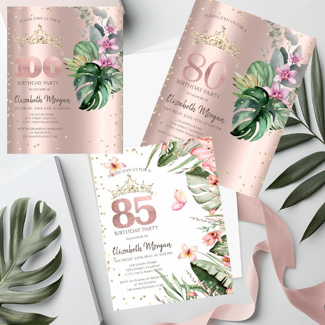 Convite Flores Tropicais Diamantes Ouro Rosa 80º Aniversár (Criador carregado)