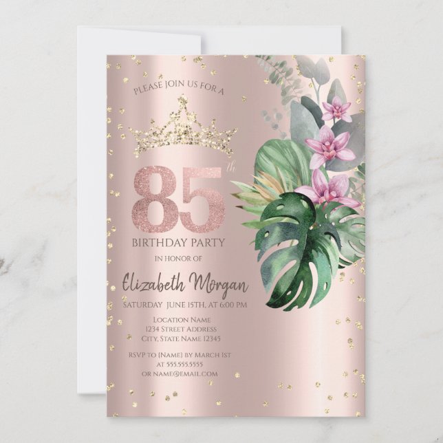 Convite Flores Tropicais Diamantes Ouro Rosa 85º Aniversár (Frente)