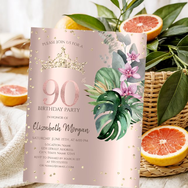 Convite Flores Tropicais Diamantes Ouro Rosa 90º Aniversár (Criador carregado)