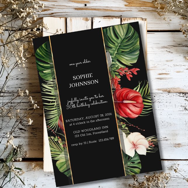 Convite Flores tropicais e folhas de aniversário negro (Criador carregado)
