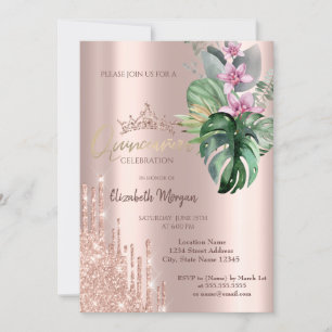 Convite Flores Tropicais em Glitter de Rosa Dourado